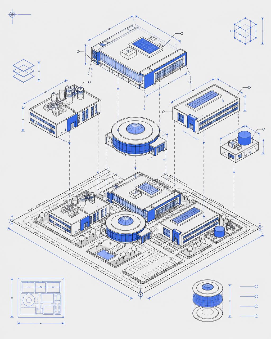 Blueprint-style isometric infographic of an engineering campus being assembled from modular buildings